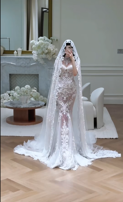 Luxury High Neck Mermaid Long Wedding Dresses Tulle Applique White Bridal Gowns Short Sleeves Bridal Dresses EP05699