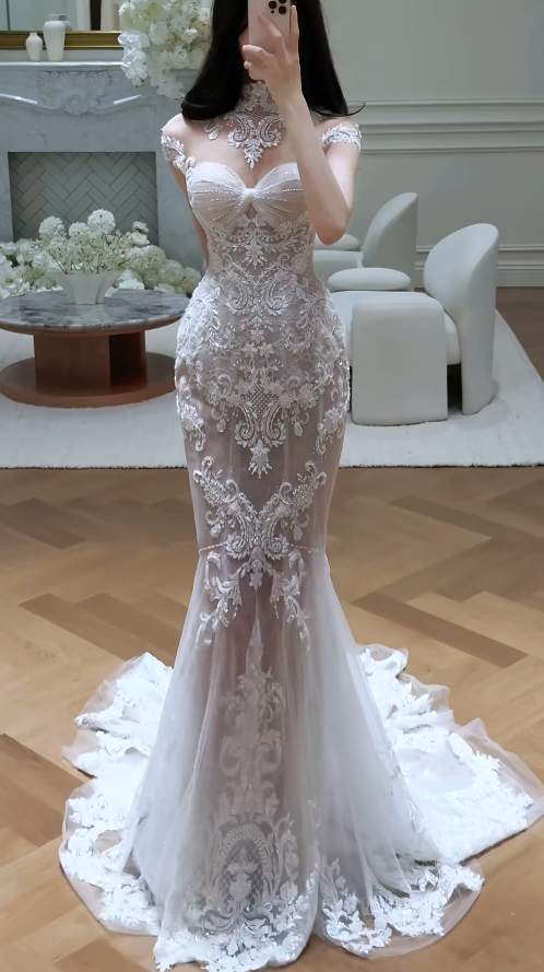 Luxury High Neck Mermaid Long Wedding Dresses Tulle Applique White Bridal Gowns Short Sleeves Bridal Dresses EP05699