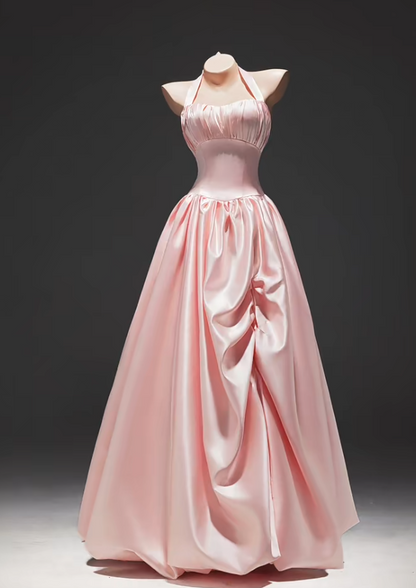 Fashion Pink A-Line Long Prom Dresses Satin Halter Party Dresses Sleeveless Evening Dresses EP06004