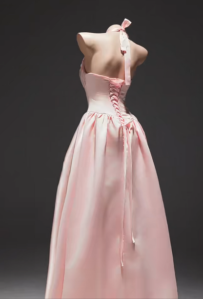 Fashion Pink A-Line Long Prom Dresses Satin Halter Party Dresses Sleeveless Evening Dresses EP06004