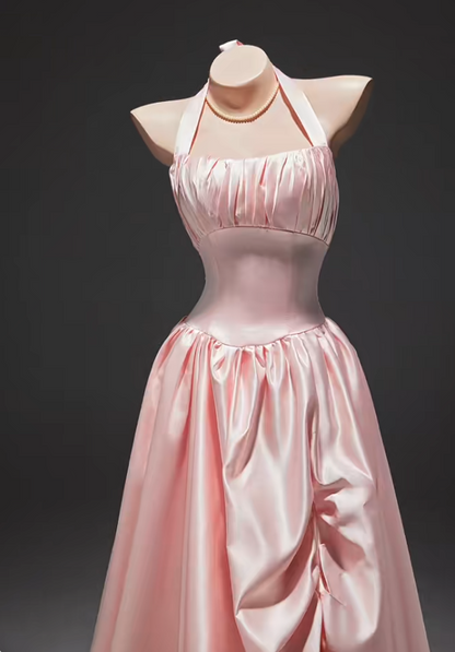 Fashion Pink A-Line Long Prom Dresses Satin Halter Party Dresses Sleeveless Evening Dresses EP06004