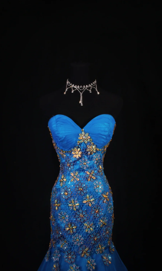 Vintage Blue Mermaid Long Prom Dresses Beaded Tulle Sweetheart Formal Dresses Sleeveless Evening Dresses EP06005