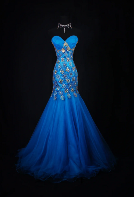 Vintage Blue Mermaid Long Prom Dresses Beaded Tulle Sweetheart Formal Dresses Sleeveless Evening Dresses EP06005