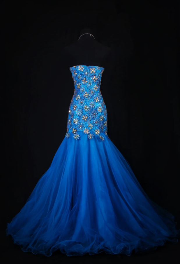 Vintage Blue Mermaid Long Prom Dresses Beaded Tulle Sweetheart Formal Dresses Sleeveless Evening Dresses EP06005