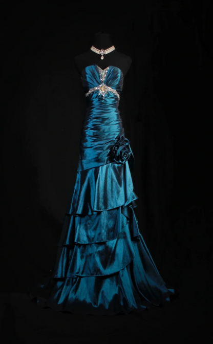 Vintage Teal Sheath Long Prom Dresses Satin Strapless Formal Dresses Sleeveless Evening Dresses EP06006