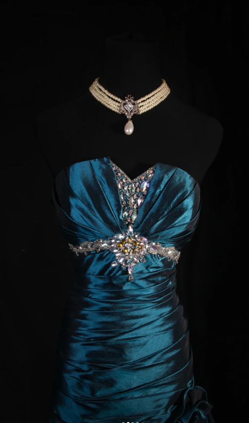 Vintage Teal Sheath Long Prom Dresses Satin Strapless Formal Dresses Sleeveless Evening Dresses EP06006