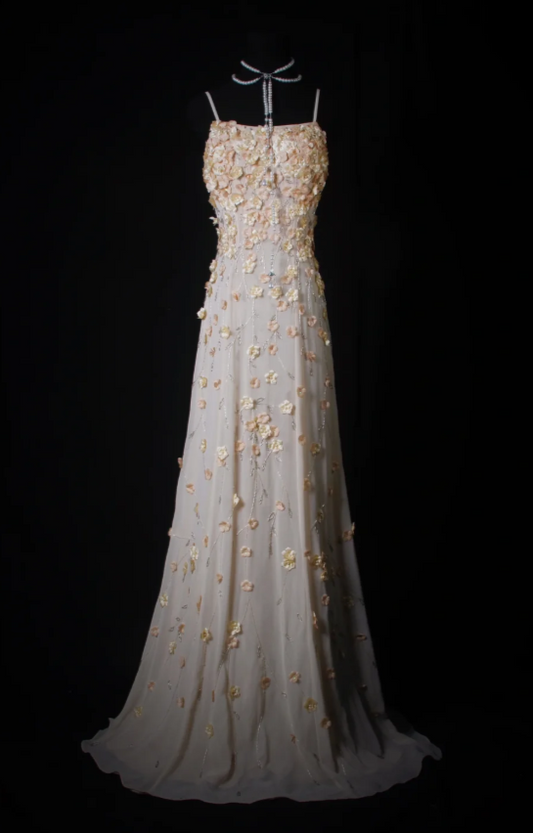 Vintage Sheath Long Prom Dresses Appliques Chiffon Spaghetti Straps Formal Dresses Sleeveless Evening Dresses EP06007