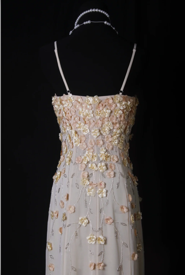 Vintage Sheath Long Prom Dresses Appliques Chiffon Spaghetti Straps Formal Dresses Sleeveless Evening Dresses EP06007