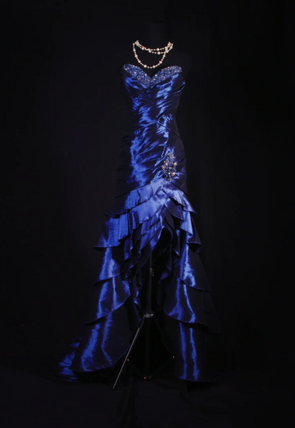 Gorgeous Navy Blue Sheath Long Prom Dresses Satin Sweetheart Formal Dresses Sleeveless Evening Dresses EP06009