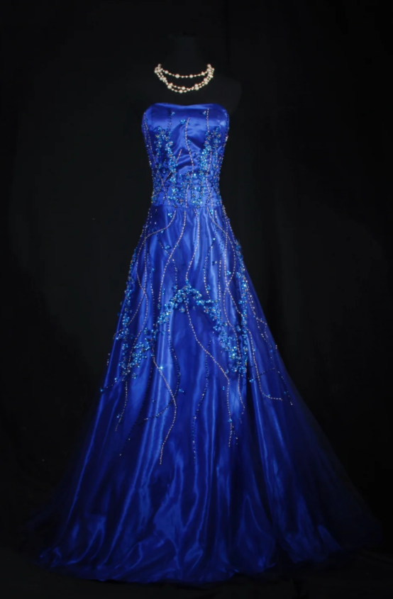 Gorgeous Blue A-Line Long Prom Dresses Satin Beaded Strapless Formal Dresses Sleeveless Evening Dresses EP06010