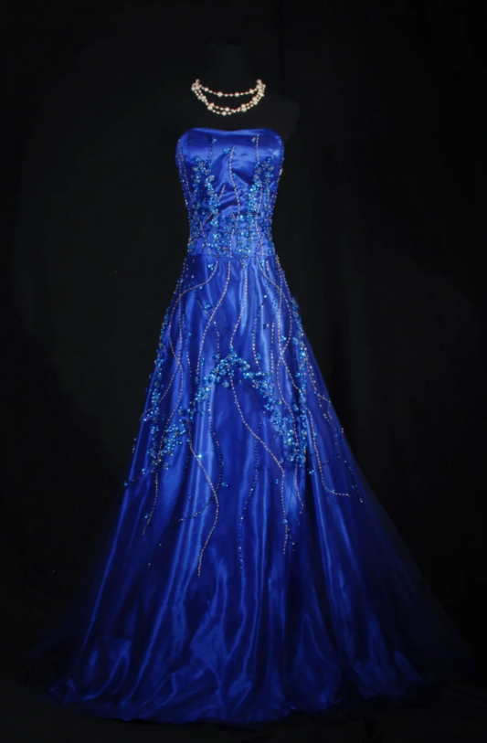 Gorgeous Blue A-Line Long Prom Dresses Satin Beaded Strapless Formal Dresses Sleeveless Evening Dresses EP06010