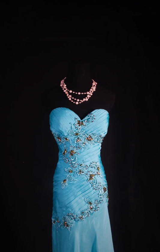 Gorgeous Pale Blue Sheath Long Prom Dresses Chiffon Beaded Sweetheart Formal Dresses Sleeveless Evening Dresses EP06011