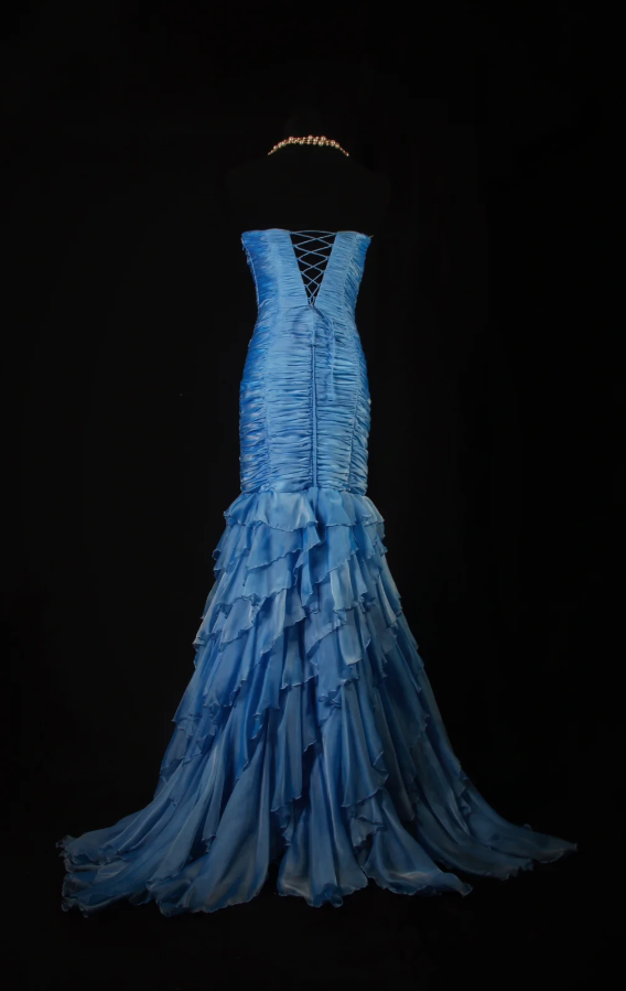 Gorgeous Pale Blue Sheath Long Prom Dresses Chiffon Strapless Formal Dresses Sleeveless Evening Dresses EP06012