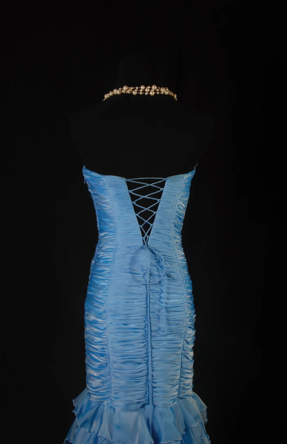 Gorgeous Pale Blue Sheath Long Prom Dresses Chiffon Strapless Formal Dresses Sleeveless Evening Dresses EP06012