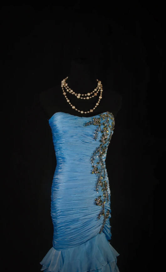 Gorgeous Pale Blue Sheath Long Prom Dresses Chiffon Strapless Formal Dresses Sleeveless Evening Dresses EP06012