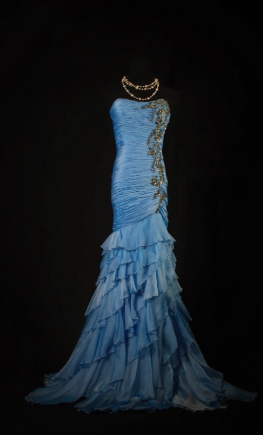 Gorgeous Pale Blue Sheath Long Prom Dresses Chiffon Strapless Formal Dresses Sleeveless Evening Dresses EP06012