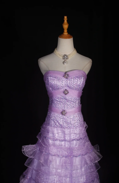 Gorgeous Purple A-Line Long Prom Dresses Tulle Strapless Formal Dresses Sleeveless Evening Dresses EP06014