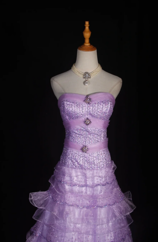 Gorgeous Purple A-Line Long Prom Dresses Tulle Strapless Formal Dresses Sleeveless Evening Dresses EP06014