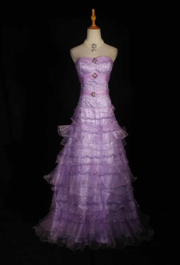 Gorgeous Purple A-Line Long Prom Dresses Tulle Strapless Formal Dresses Sleeveless Evening Dresses EP06014