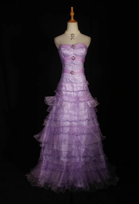 Gorgeous Purple A-Line Long Prom Dresses Tulle Strapless Formal Dresses Sleeveless Evening Dresses EP06014
