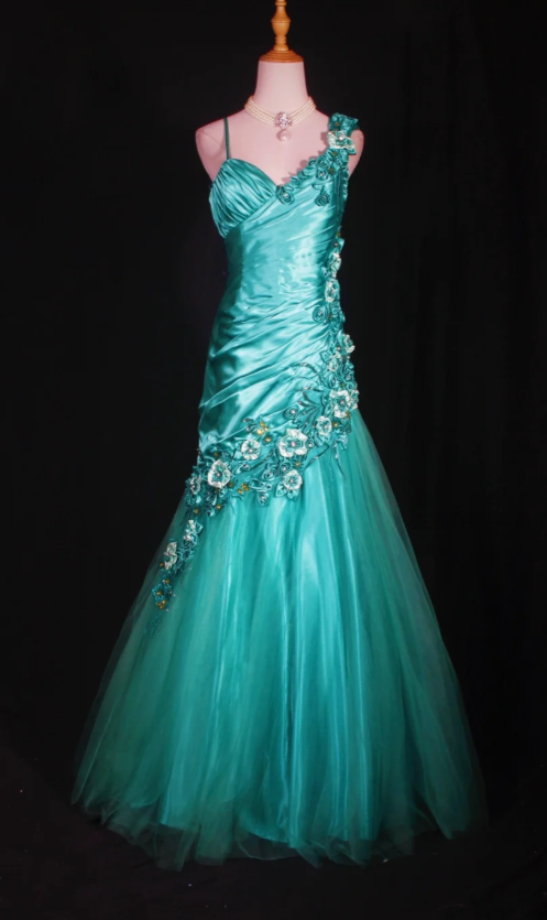 Gorgeous Turquoise A-Line Long Prom Dresses Appliques Tulle Spaghetti Straps Formal Dresses Sleeveless Evening Dresses EP06015