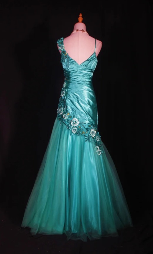 Gorgeous Turquoise A-Line Long Prom Dresses Appliques Tulle Spaghetti Straps Formal Dresses Sleeveless Evening Dresses EP06015