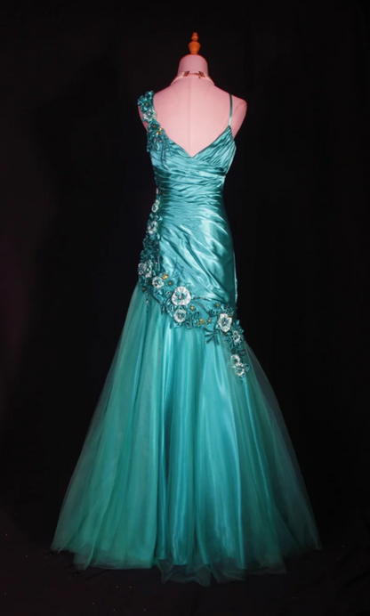 Gorgeous Turquoise A-Line Long Prom Dresses Appliques Tulle Spaghetti Straps Formal Dresses Sleeveless Evening Dresses EP06015