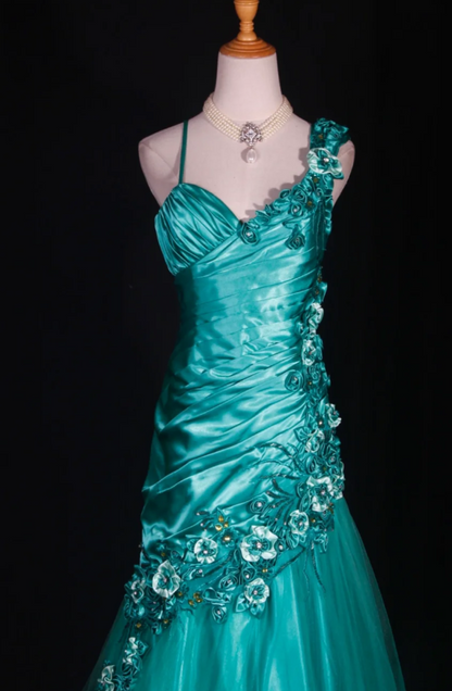Gorgeous Turquoise A-Line Long Prom Dresses Appliques Tulle Spaghetti Straps Formal Dresses Sleeveless Evening Dresses EP06015