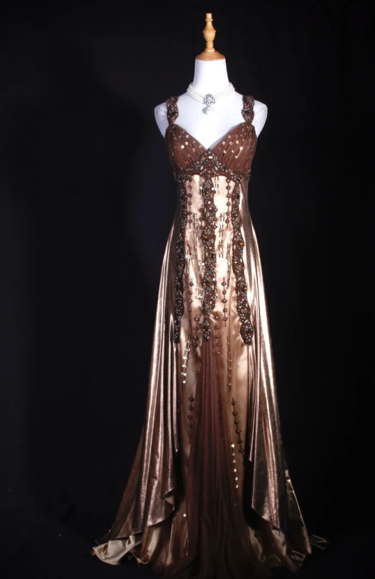 Gorgeous Brown Sheath Long Prom Dresses Satin Beaded Spaghetti Straps Formal Dresses Sleeveless Evening Dresses EP06016
