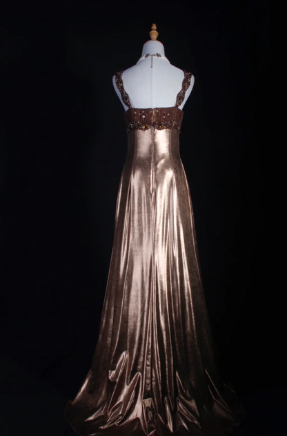 Gorgeous Brown Sheath Long Prom Dresses Satin Beaded Spaghetti Straps Formal Dresses Sleeveless Evening Dresses EP06016