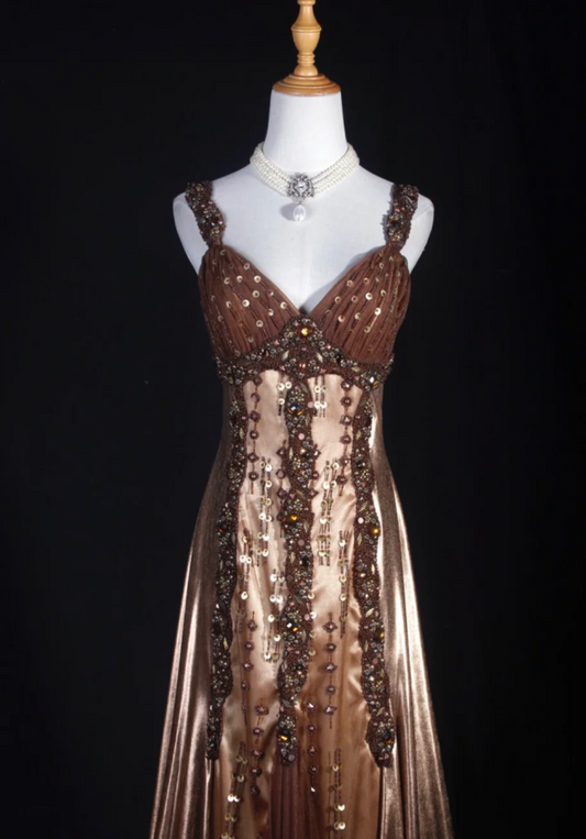 Gorgeous Brown Sheath Long Prom Dresses Satin Beaded Spaghetti Straps Formal Dresses Sleeveless Evening Dresses EP06016