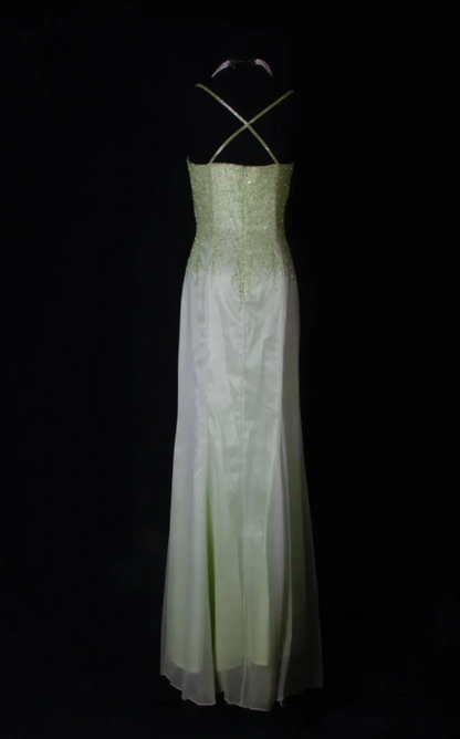 Chic Green Sheath Long Prom Dresses Satin Beaded Spaghetti Straps Formal Dresses Sleeveless Evening Dresses EP06017