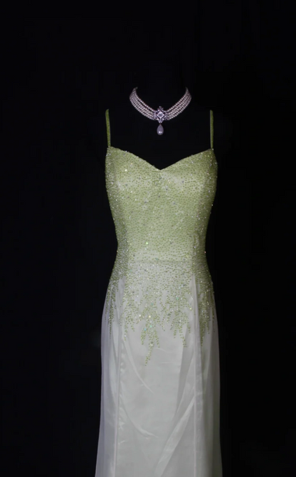 Chic Green Sheath Long Prom Dresses Satin Beaded Spaghetti Straps Formal Dresses Sleeveless Evening Dresses EP06017