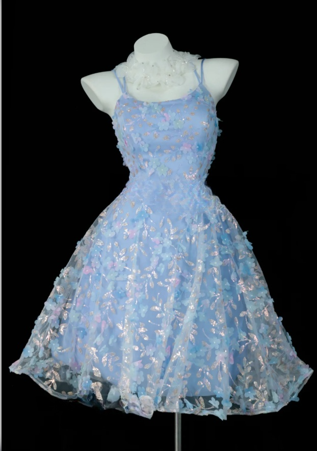 Chic Blue A-Line Short Prom Dresses Tulle Appliques Spaghetti Straps Formal Dresses Sleeveless Evening Dresses EP06018