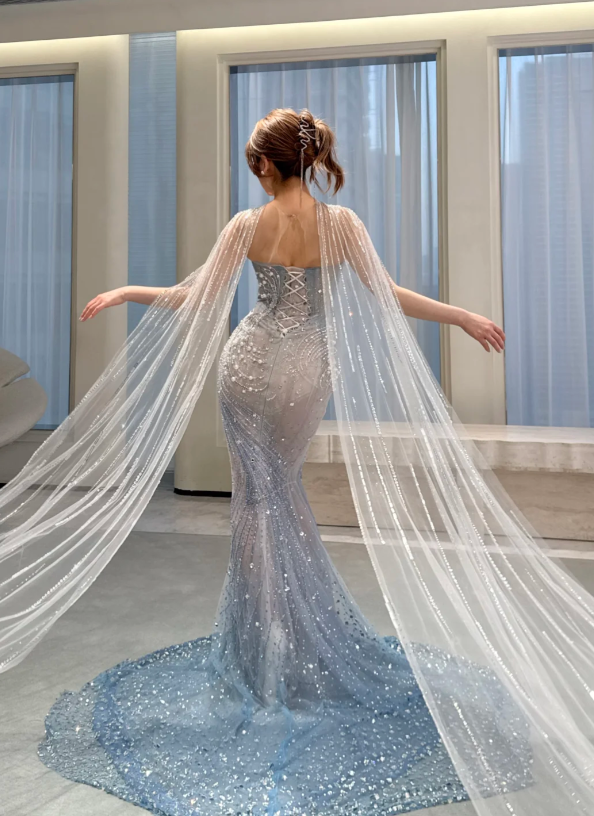 Chic Ice-blue Mermaid Long Prom Dresses Tulle Beaded Jewel Formal Dresses Sleeveless Evening Dresses EP06021