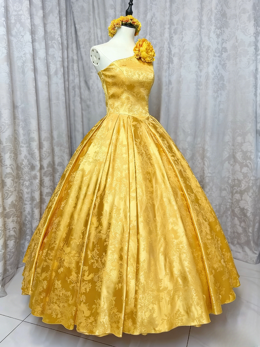 Judy's Yellow Dress — Chic Yellow A-Line Long Prom Dresses Satin One-Shoulder Sleeveless Evening Dresses EP06023