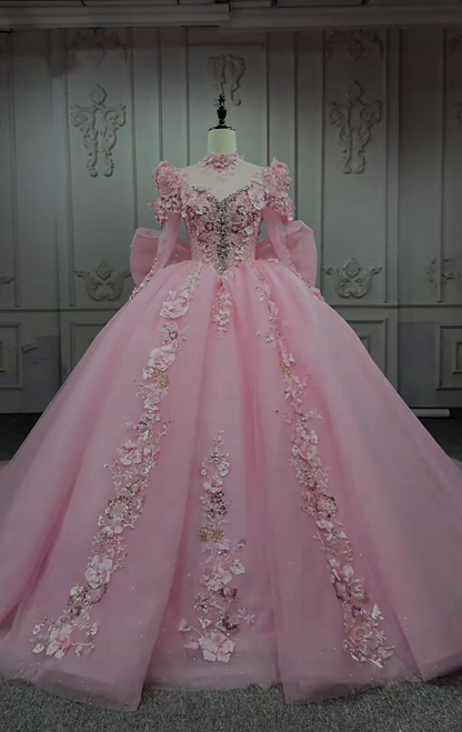 Cute Pink A-Line Long Prom Dresses Tulle Applique V-Neck Quinceanera Dresses Long Sleeves Sweet 16 Dresses EP06024