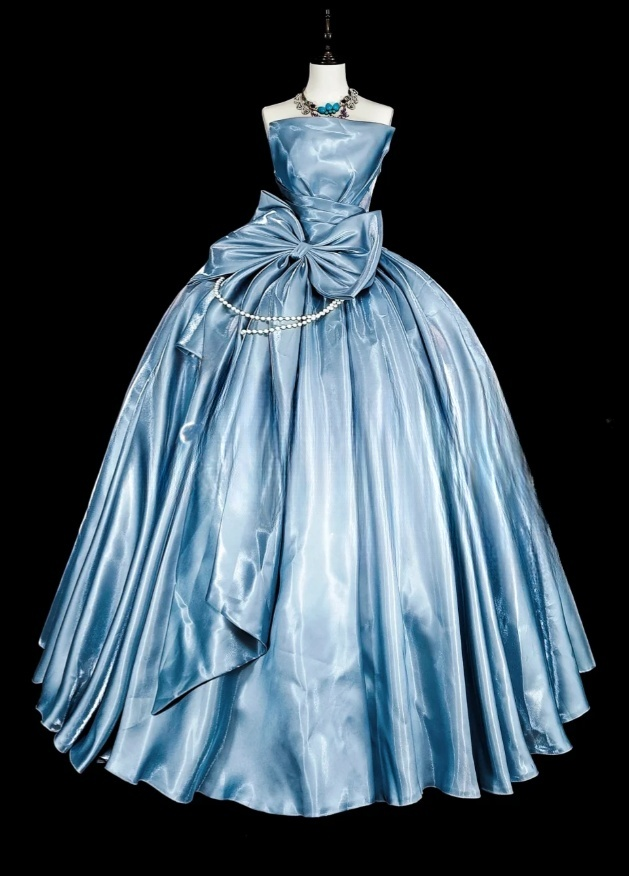 Cute Gray Blue Ball Gown Long Prom Dresses Satin Strapless Quinceanera Dresses Sleeveless Sweet 16 Dresses EP06025