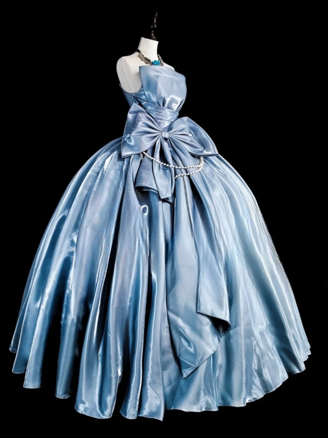 Cute Gray Blue Ball Gown Long Prom Dresses Satin Strapless Quinceanera Dresses Sleeveless Sweet 16 Dresses EP06025