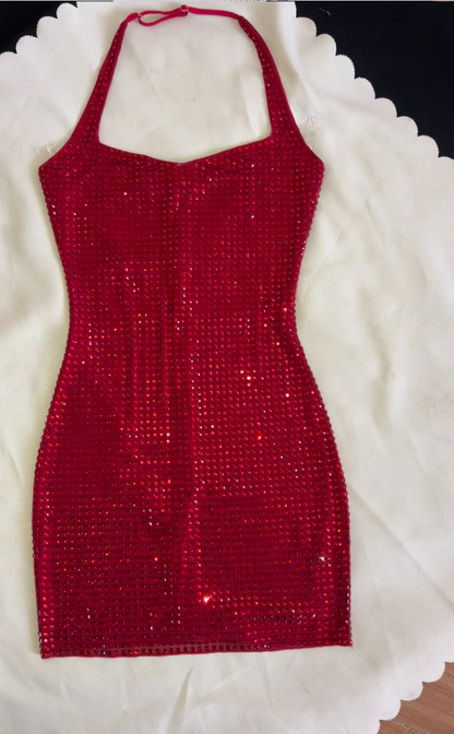 Sexy Burgundy Bodycon Short Christmas Dresses Tulle Diamonds Halter Birthday Dresses Sleeveless Party Dresses EP06026