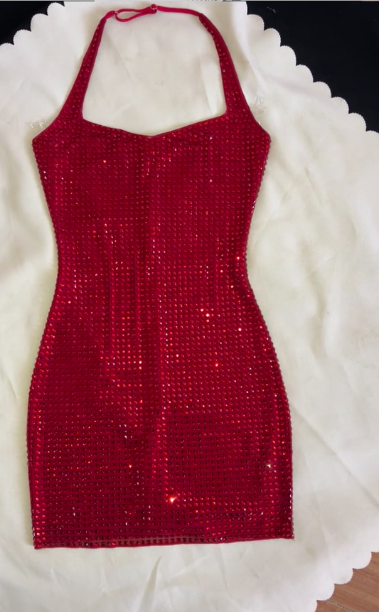 Sexy Burgundy Bodycon Short Christmas Dresses Tulle Diamonds Halter Birthday Dresses Sleeveless Party Dresses EP06026