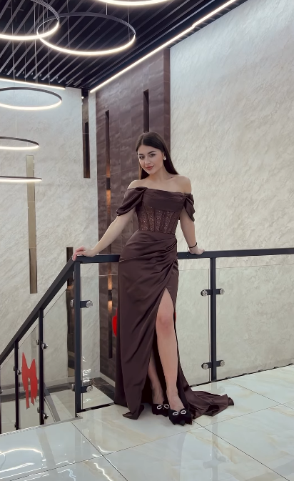 Elegant Chocolate Sheath Long Prom Dresses Satin Off-shoulder Wedding Guest Dresses Slit Evening Dresses EP06028