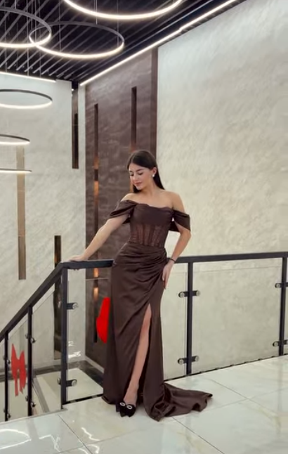 Elegant Chocolate Sheath Long Prom Dresses Satin Off-shoulder Wedding Guest Dresses Slit Evening Dresses EP06028