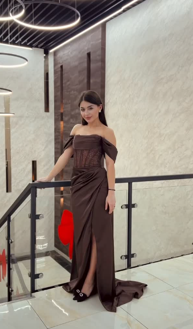 Elegant Chocolate Sheath Long Prom Dresses Satin Off-shoulder Wedding Guest Dresses Slit Evening Dresses EP06028