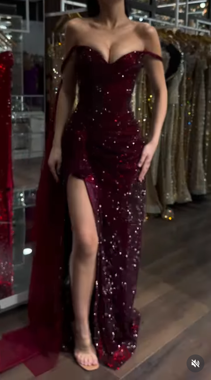 Elegant Burgundy Sheath Long Prom Dresses Glitter Tulle Off-shoulder  Evening Dresses with Slits EP06029