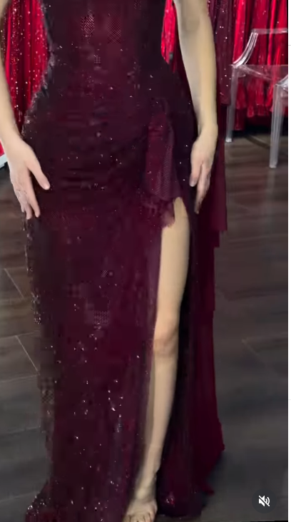 Elegant Burgundy Sheath Long Prom Dresses Glitter Tulle Off-shoulder  Evening Dresses with Slits EP06029