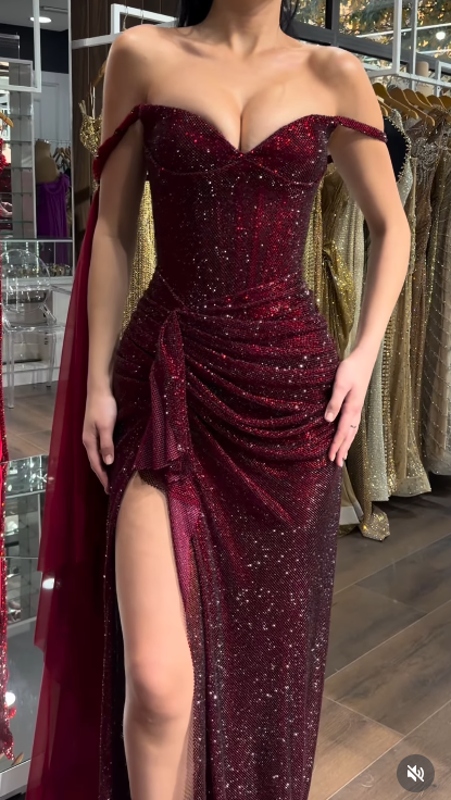 Elegant Burgundy Sheath Long Prom Dresses Glitter Tulle Off-shoulder  Evening Dresses with Slits EP06029