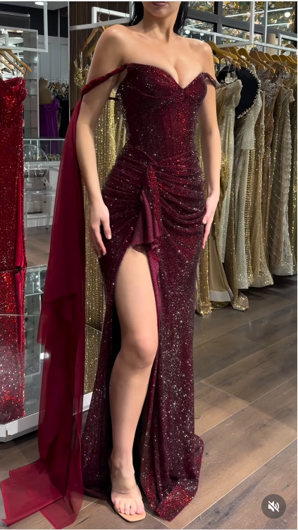 Elegant Burgundy Sheath Long Prom Dresses Glitter Tulle Off-shoulder  Evening Dresses with Slits EP06029
