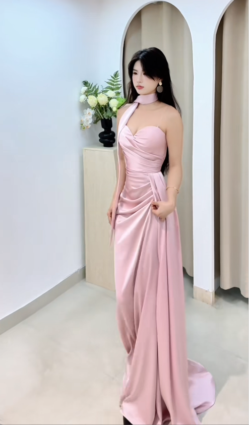 Elegant Pink Sheath Long Prom Dresses Satin Sweetheart Evening Dresses Sleeveless Bridesmaid Dresses EP06030