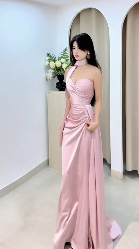 Elegant Pink Sheath Long Prom Dresses Satin Sweetheart Evening Dresses Sleeveless Bridesmaid Dresses EP06030